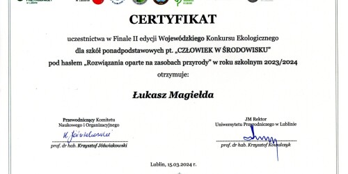 dyplom udziału w finale wojewódzkiego konkursu ekologicznego dla Łukasza Magiełdy