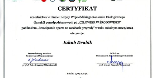dyplom udziału w finale wojewódzkiego konkursu ekologicznego dla Jakuba Drabika