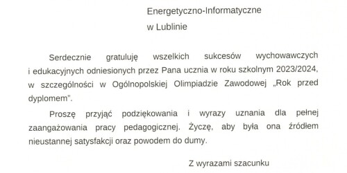 dyplom dla Andrzeja Duluka w Olimpiadzie zawodowej rok przed dyplomem