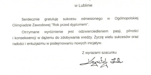 dyplom dla Juliusza Skoczka w Olimpiadzie zawodowej rok przed dyplomem