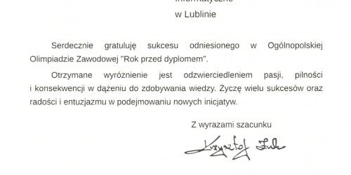 dyplom dla Bartosza Budzyńskiego w Olimpiadzie zawodowej rok przed dyplomem