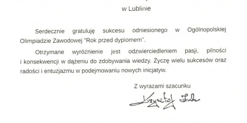 dyplom dla Andrzeja Landosa w Olimpiadzie zawodowej rok przed dyplomem